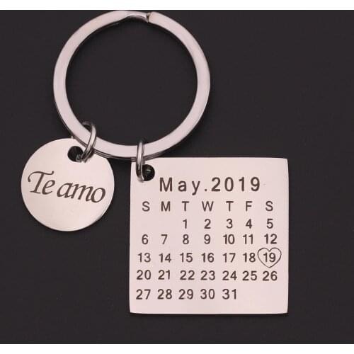 Personalized Custom Calendar Keychain Stainless Steel Key Chain Key Ring Heart Date Engraved Birthday Wedding Anniversary Gift