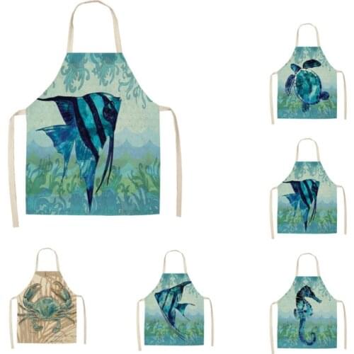 Turtle Fish Printed Kitchen Apron for Women Kids Sleeveless Cotton Linen Bibs Cooking Baking Cleaning Tools 55*68cm