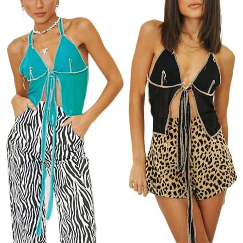 Womens Halter Camis Deep V Tie Up Front Crop Tops Summer Street Style Sleeveless Backless Sheer Mesh Tops Lady Top 2021