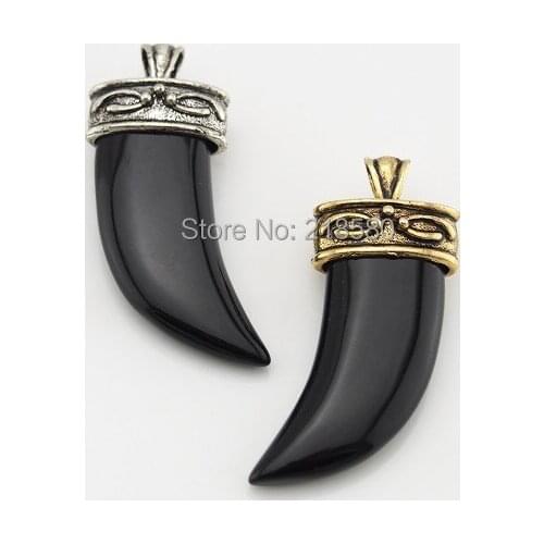 H-C03HT1023 Black Onyx Stone Horn Tusk Pendant Charm with Antique Gold Or Antique Silver Cap