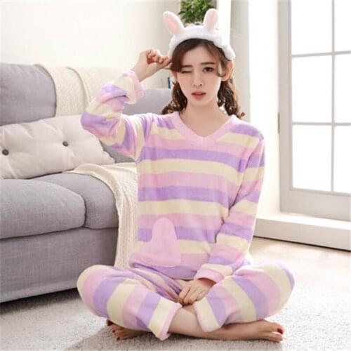 H5707 Flannel Pajamas Women Coral Fleece Autumn Winter Warm Nightwear Girls Long Sleeve Thick Sweet Comfortable Sleepwear Suit