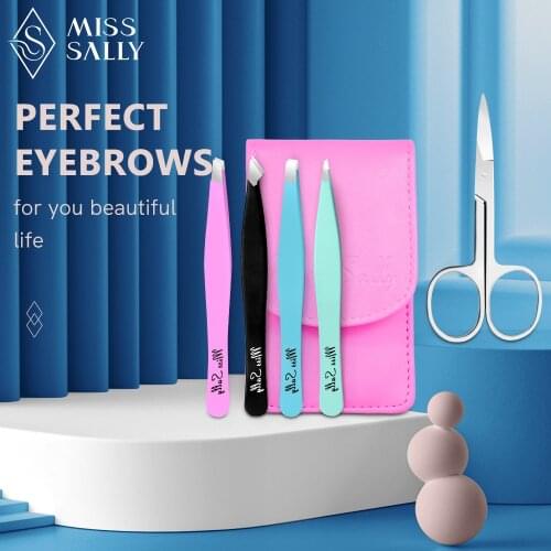 Miss Sally Colorful Eyebrow Tweezers Set Stainless Steel Tweezers for Eyebrow Slant Tips Tweezers and Scissors Daily Beauty Tool