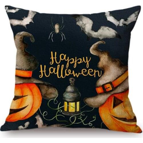 Watercolor Halloween Decoration Pumpkin Face Spider Hand Painted Cushion Cover Cartoon Letter Print Halloween Throw Pillow Case