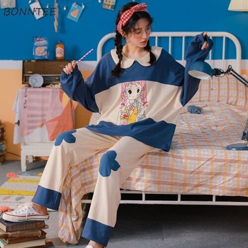 Pajama Sets Women Sweet Girls Soft 2XL Long Sleeve Nightwear Lovely Printed Casual New Tender Ulzzang Female Home Wear All-match