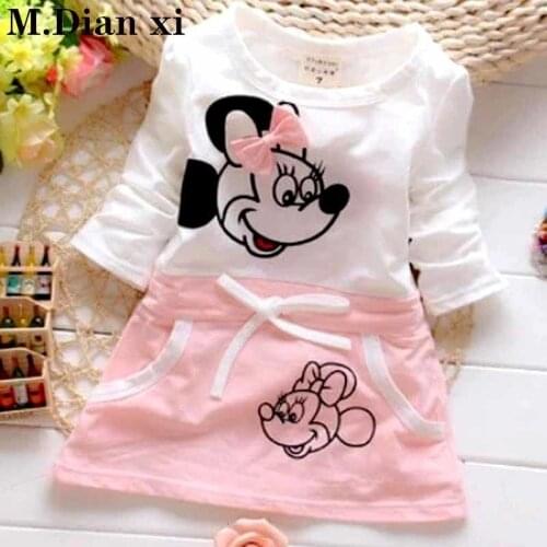 2020 New Hot Fashion Cute Minnie Stitching Dress Pure cotton Long Sleeve Female Baby Cartoon Print Mini Knee