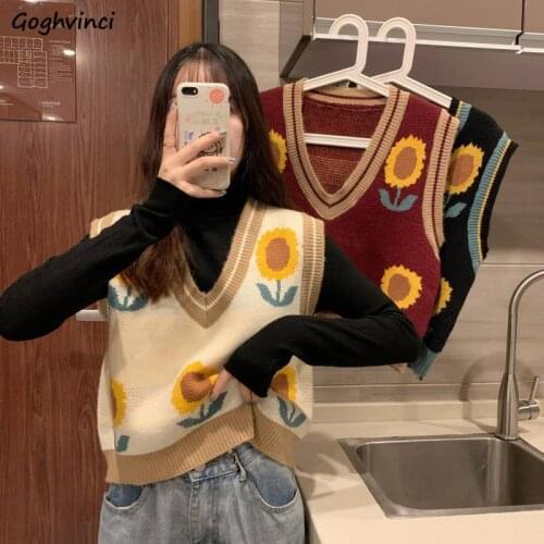 Sweater Vests Women Sunflower Retro Japanese-style Sweety Leisure Loose Girls Sweaters Outwear Lovely Teens Trendy Leisure Chic