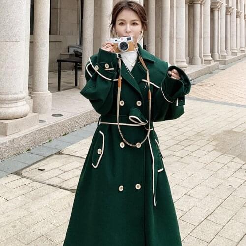 Thickened Below The Knee Splicing Jacket Womens Woolen Coat 2021 Winter New Long Dark Green Korean Loose Double-Breasted