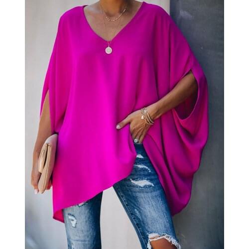 2020 Fashion Women Summer Elegant V Neck Oversized Top Lady Casual Solid Long Sleeve Loose Fit Blouse