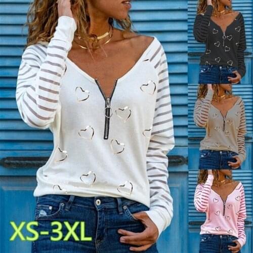 Womens Autumn Sexy V-neck Zipper Tops Love Print Loose Long Sleeve T-shirt Casual Pullover Shirt Roupas Feminino