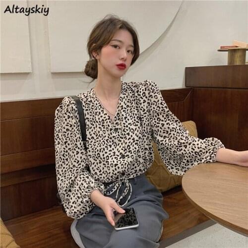 Shirts Women V-Neck Leopard Tops Cropped Puff Sleeve Summer Sexy Ladies Korean Hot Trendy Ulzzang Chic Cozy Lace Up New Casual