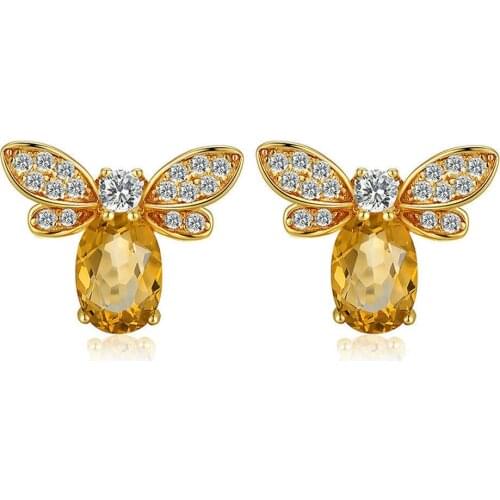 Fashion bees shape yellow crystal citrine gemstones diamonds stud earrings for women 14k gold color jewelry brincos accessories