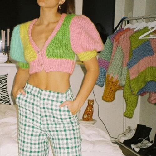 Sweet Knitted Super-short Woman Tshirts 2021 Summer Button Deep V Neck Panelled Tee Puff Sleeve Vintage Streetwear Kawaii Tops