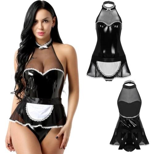 Women Sexy Maid Costumes Wet Look Patent Leather Maid Role Play Cosplay Costume Halter Jumpsuit with Apron Maidservant Outfit