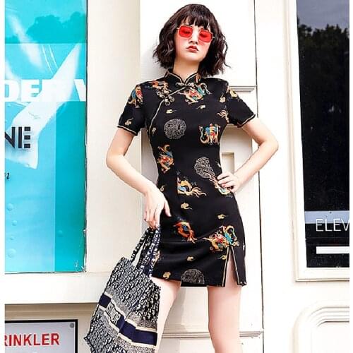 Chinese Stand Collar Gothic Dress Dragon Qipao Black Vintage Evening Party Vestido Robe Cheongsam Cool Ladies Dresses SY031