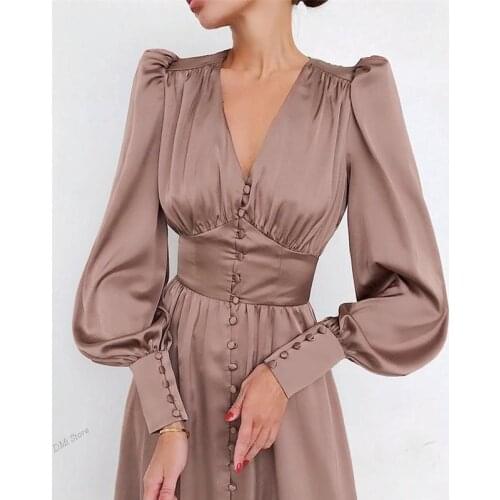 Female A-Line Dress Elegant Lady Party 2021 Spring Evening Womens Vintage Dresses High Waist Lantern Long Sleeve Satin