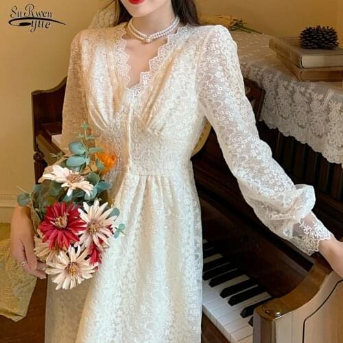 Spring 2021 New Temperament V-neck Elegant Vestidos Vintage Lace Dress Hollow Out Apricot A-line Midi Dresses Women 12758