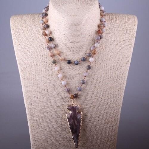 Free Shipping Bamboo Leaf Agat Bohemian Jewelry Rosary Chain Brown Arrowhead Pendant Necklace