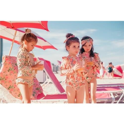 Floral Swimwear 2020 Summer New Style 2pcs Set Long Sleeve Swimsuit for Hot Spring Kids Cute Swimsuit Clothing 3-8Y E20207