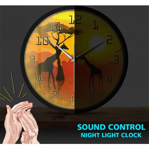 Wildlife Giraffe Voice Control Wall Clock Serengeti African Sunset Savannah Safari Metal Frame LED Timepiece Silent Watch