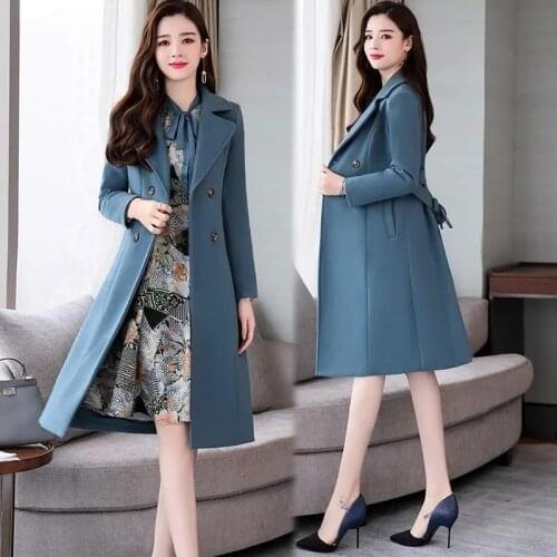 Elegant Mid-Length Woolen Trench Coat + Print Dresses Women 2 Piece Outfit Fall New Office Ladies OL Suit Korean Slim Dress Suit