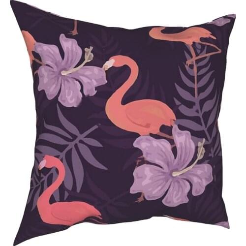 Purple Floral Flamingo Pillow Case Decoration Pink Birds Cushion Cover Throw Pillow for Car Polyester Double-sided Printing