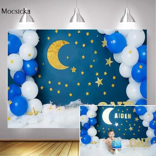 Children One Birthday Background Decoration Balloons Blue Sky Gold Stars Newborn 1st Birthday Portrait Backdrop Photography
