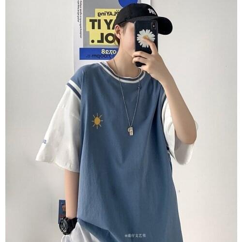 Boys Girls T-shirt Summer New Fashion round neck Men T-shirt trend boys ins Korean version of loose Fake two-piece T-shirts