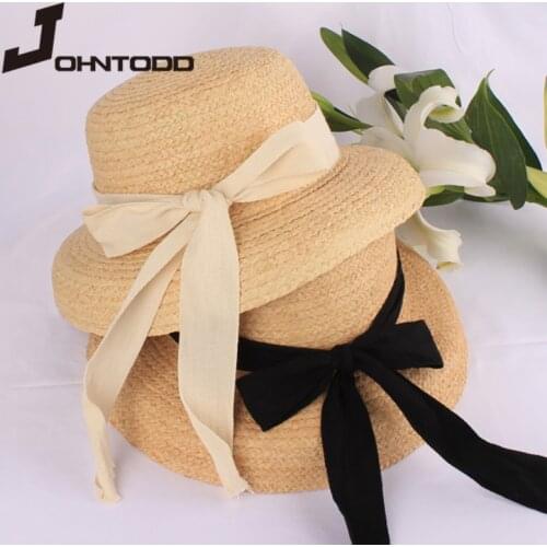 Summer raffia straw hat ladies fashion handmade flat sun hat and white black ribbon tie sun hat beach hat sun hat panama hat