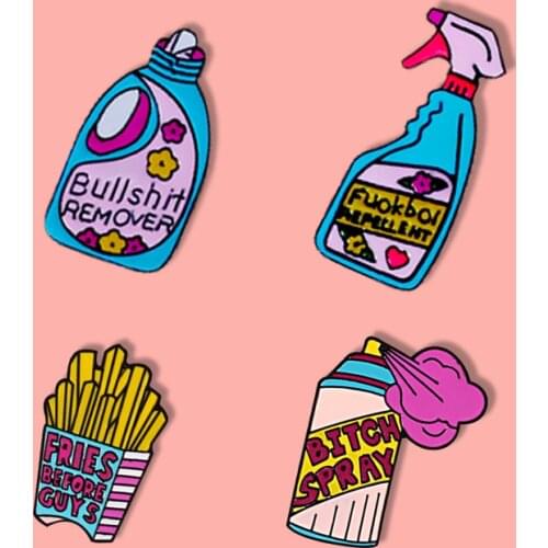 Cartoon Pins Repellent fries brooches Funny Cute Remover Spray Enamel Pins cleaning denim bag Badge for women Jewelry Lapel pins