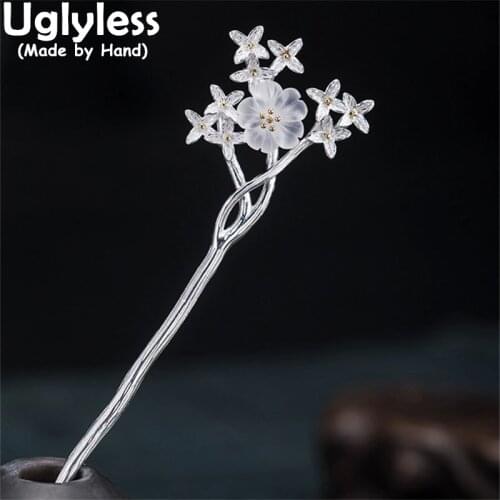 Uglyless Natural Crystals Plum Blossom Hair Sticks for Women Real 925 Silver Blooming Flowers Hair Jewelry Elegant Floral Bijoux