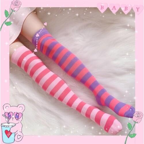 Japanese Harajuku Vintage Cotton Socks Blue Pink Purple Black Red Color Striped Knee High Socks Punk Streetwear Sweet Cool Girls