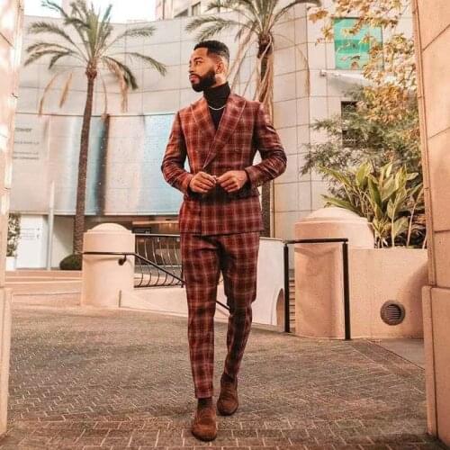 Popular Slim Fit Checkered Mens Tuxedos Double Breasted Two Pieces Wedding Suit Vintage Regular Blazer