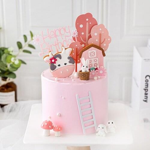 Cake Topper Childrens Birthday Cake Soft Pottery Ornaments Ccute Cartoon Cow Plug-in Resin Bunny Baking Happy Party Decoration