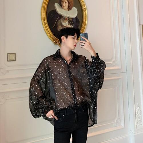 New Mens Chic Sequins Mesh Long Sleeve Loose Shirt Youth Casual Shirts Stars Pattern