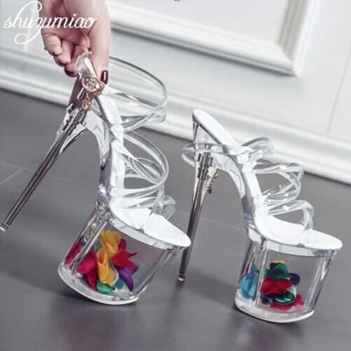 Women shoes Sandals Steel Pipe Dance Shoes Super High Heel 18cm Peep Toe Buckle Strap Thick Soles Platforms Bridal Shoes