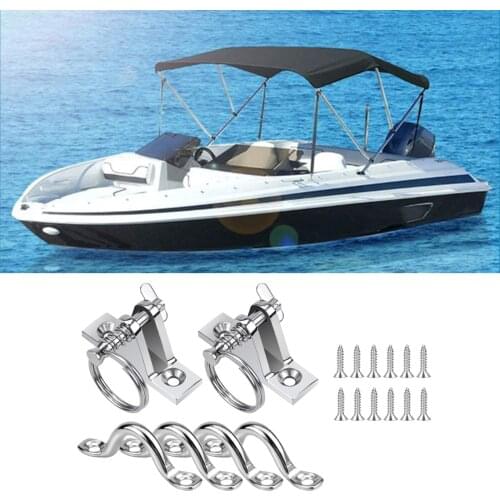 SS316 Bimini Boat Top Deck Hinge Mount w/4Pcs 3/8 Inch Pad Eye Straps Quick Release Pin Kayak Hardware Sets