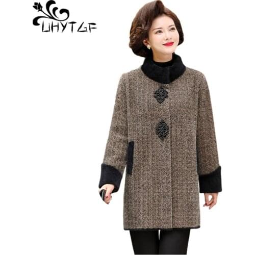 UHYTGF Coat Women Quality Mink Fleece Autumn Winter Woolen Jacket Pure Color Wild Elegant Mother Loose Plus Size Outerwear 1118