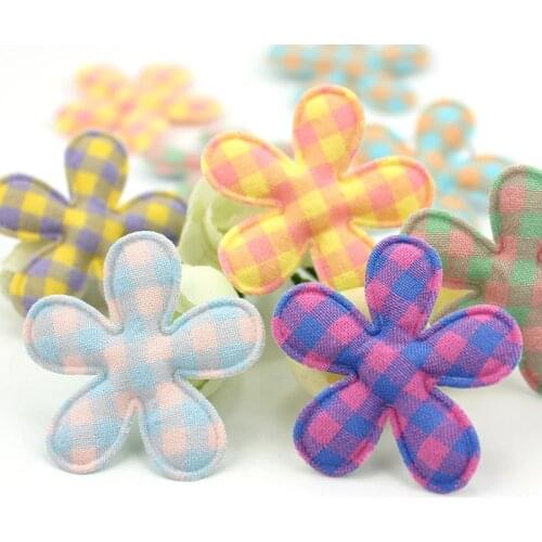 36Pcs 3.8cm Plaid Fabric Flowers Padded Appliques For Baby Headwear Hairpin Handmade Decor Crafts Accessories Wholesale