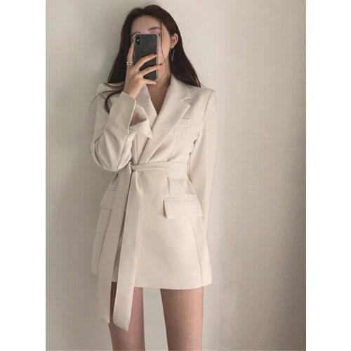 Sashes Fall OL Korean New Fashion Solid Blazers 2021 Women British Style Elegant Black Beige Blazer Coat Long Outwear Jacket