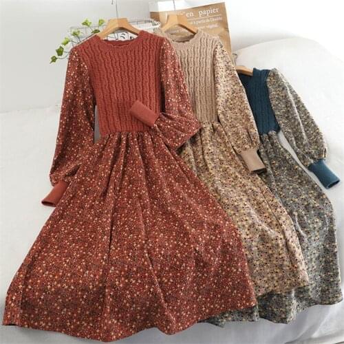 20 Autumn Women Long Sleeve Knitted Patchwork Corduroy Dress Elegant Lady Long O-neck Floral Dresses Vestidos Bottomings WZ1262