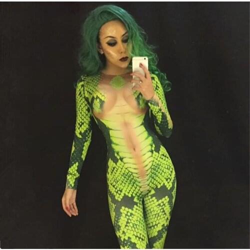 Snake tattoo jumpsuit 3D Printing leotard elastic rompers Nightclub singer dancer performance clothing Role costumes