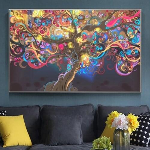 Abstract Psychedelic Trippy Tree Canvas Painting Art On Wall Decor Poster And Prints Cartoon Picture For Living Room Cuadros