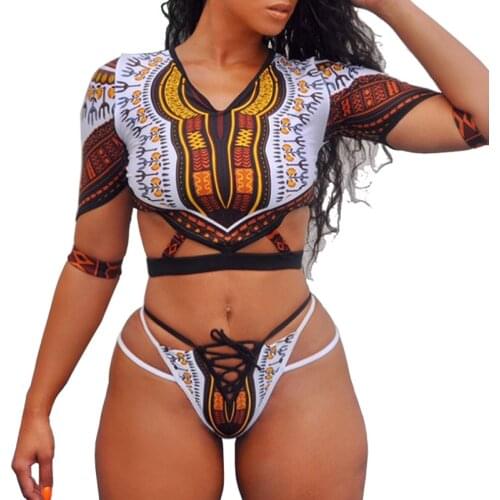 African Dashiki Print Short Sleeve Bikini 2020 Women Swimsuit Female Thong Swimwear Two Pieces Bikini set Bathing Suit Swim Lady