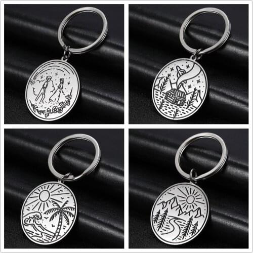 Teamer Scenery Landscape Key Chain Finder Stainless Steel Lover Sea Mountain Charm Keyring Holder Keychains Pendant for to Bag
