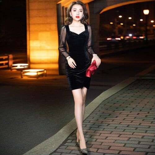 Black V-Neck Prom Dress Fashion Velour Simple Lace Full Sleeves Above Knee Mermaid New Plus size Women Formal Party Gown C838