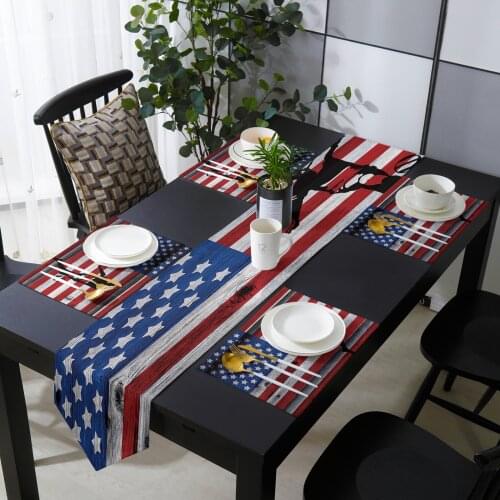 Retro Wood American Flag Football Player Table Runner Set for Home Kitchen Dining Table Wedding Party Holiday Dinner Decoration