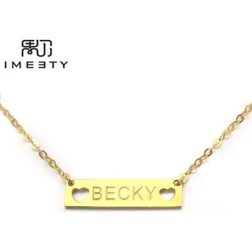 IMEETY personalized couple necklace heart pendant gold plate engraved bar necklace engravable necklaces for women