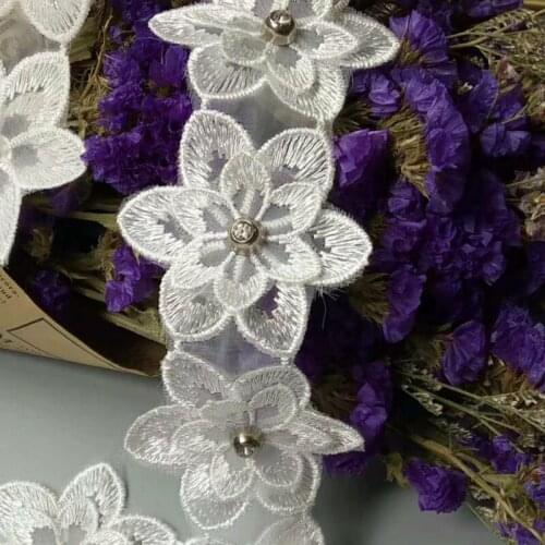 1 yard White Cotton Pearl Rhinestone Flower Embroidered Lace Trim Ribbon Fabric Handmade DIY Wedding Dress Sewing Supplies Craft
