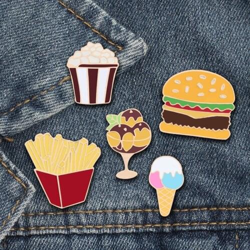 Cartoon Food Enamel Pins Badge Burger Hamburgers French Fries Popcorn Ice Cream Hat Shirt Collar Bag Jewelry Women Kids Games