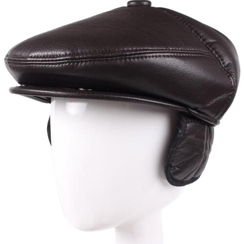 Difanni Mens outdoor PU leather hat winter Berets male warm Ear protection cap dad hat wholesale Leisure Flat Visor Caps